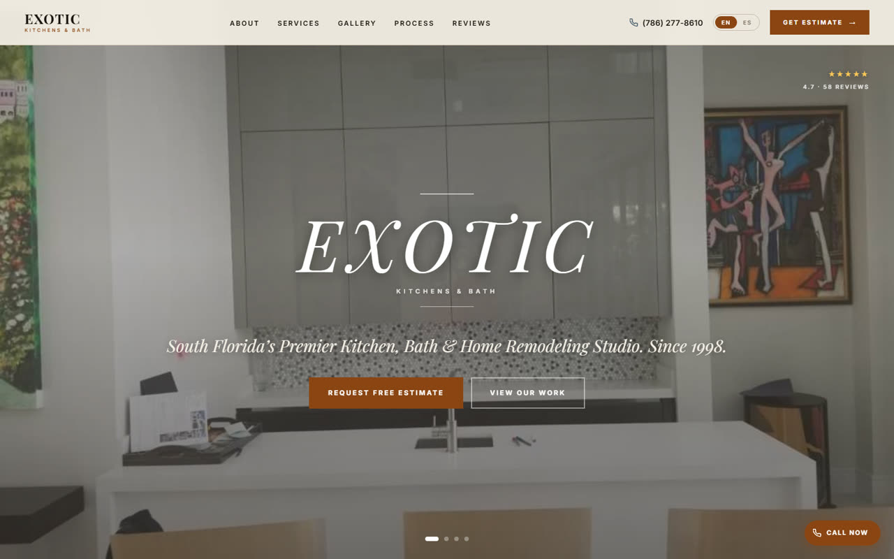The Exotic Kitchens and Baths website homepage